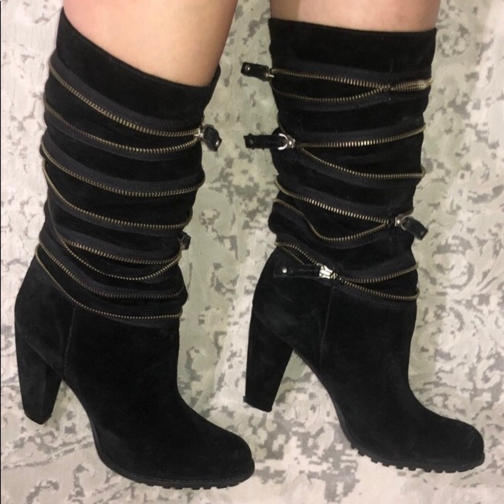 7 for all mankind Black Suede high heel slouchy boots with layers of zipper trim